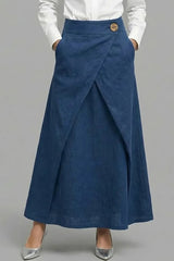 Women's Elastic Waist Casual Loose Cotton And Linen Midi Skirt