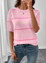 Women's Crewneck Short Sleeve Knit Striped Tops