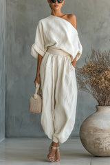 Women's Off-white Linen Off-shoulder Loose Casual Top And Tapered Pants Set