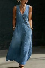 Minimalist Button-up V-neck Denim Dress
