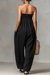 Women's Solid Color Strapless Casual Loose Cotton And Linen Jumpsuit