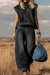 High Waisted Loose Pockets Solid Color Mock Neck Suits Vest Top + Pants Bottom Two Pieces Set