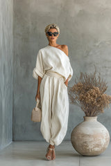 Women's Off-white Linen Off-shoulder Loose Casual Top And Tapered Pants Set