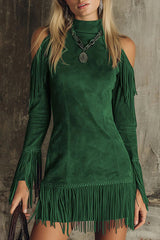 Semi-High Neck Off-The-Shoulder Fringed Faux Suede Long-Sleeved Mini Dress