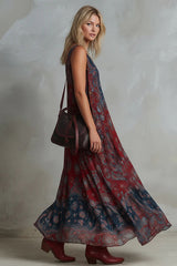 Retro Ethnic Bohemian Print Chiffon Sleeveless Maxi Dress
