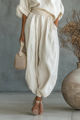 Women's Off-white Linen Off-shoulder Loose Casual Top And Tapered Pants Set