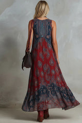 Retro Ethnic Bohemian Print Chiffon Sleeveless Maxi Dress
