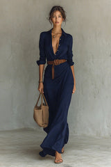 Ladies Lapel Single Breasted Long Sleeve Belted Maxi Dress