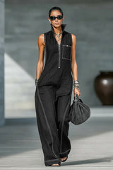 Women's Minimalist Loose-fitting White Trim Sleeveless Jumpsuit