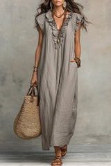 Women's Solid Color Ruffled Art Casual Fashion Cozy Cotton Linen Dress