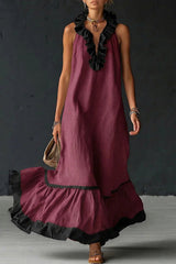 Elegant And Romantic Ruffled Color-blocked Maxi Dress