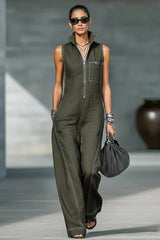 Women's Minimalist Loose-fitting White Trim Sleeveless Jumpsuit