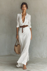 Ladies Lapel Single Breasted Long Sleeve Belted Maxi Dress
