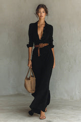Ladies Lapel Single Breasted Long Sleeve Belted Maxi Dress