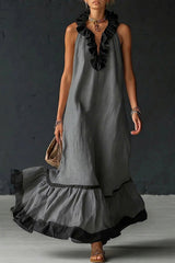 Elegant And Romantic Ruffled Color-blocked Maxi Dress