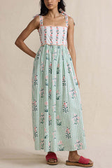 Heididress Tie Shoulder Back Lace-up Striped Floral Maxi Cami Dress