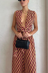 Heididress Chic Back Criss Cross Knot Waist Wide Leg Printed Jumpsuit