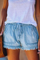 Heididress Drawstring High Waist Raw Hem Pockets Shorts