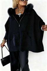 Dolman Sleeves Zipper Up Pocketed Jacket with Faux Fur Hood