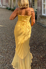 Heididress Spaghetti Strap Mesh Splice Draped Ruffle Maxi Dress