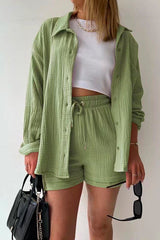 Drop Shoulder Long Sleeves Blouse Shirt Drawstring Waist Shorts Set