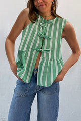 Crewneck Sleeveless Striped Ruffle Bow Top