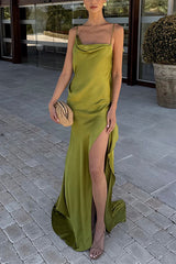 Heididress High Slit Back Drape Cascading Satin Maxi Cami Dress