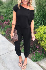 Heididress Solid Cold Shoulder Short Sleeves Elastic Waist Loungewear Jumpsuit