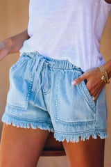 Heididress Drawstring Waist Pockets Raw Hem Shorts