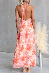 Halter V Neck Backless Floral Print Ruffle Slit Maxi Dress