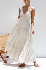 Heididress V Neck Ruffle Trim Tiered Sleeveless Linen Maxi Dress
