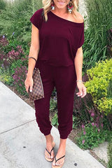 Heididress Solid Cold Shoulder Short Sleeves Elastic Waist Loungewear Jumpsuit