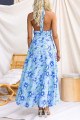 Halter Neck Backless Waisted Floral Print Swing Maxi Dress