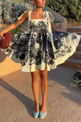 Heididress Bow Shoulder Sleeveless High Waist Floral Print Mini Dress
