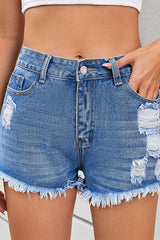 Heididress Mid Rise Raw Hem Ripped Denim Shorts