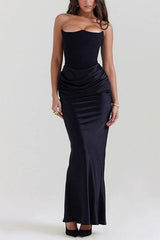 Heididress Strapless Ruched Satin Splice Bodycon Maxi Dress