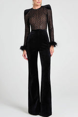 Feather Cuffs Bell Bottom Velvet Splice Jumpsuit