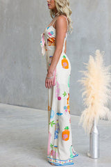 Adjustable Strap Tie Knot Front Unique Print Wide Leg Jumpsuit
