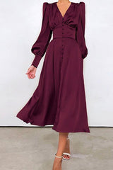 Heididress V Neck Puff Sleeve Waisted Ruffle Satin Dress