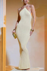 Heididress Halter Open Back Hollow Out Knit Bodycon Maxi Dress