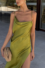 Heididress High Slit Back Drape Cascading Satin Maxi Cami Dress