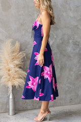 Adjustable Strap Back Lace-up Floral Print Midi Dress