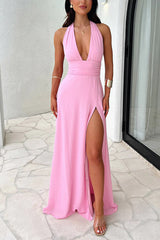 Heididress Deep V Neck Halter Tie Knot Backless Slit Maxi Dress