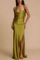 Heididress High Slit Back Drape Cascading Satin Maxi Cami Dress