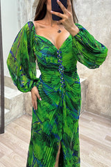 Heididress Off Shoulder Lantern Long Sleeves Printed Slit Pleated Maxi Dress