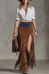 Heididress High Rise Denim Splice Faux Suede Slit Fringe Maxi Skirt