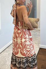 Criss Cross Halter Open Back Printed Maxi Vacation Dress