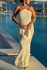 Heididress Halter Open Back Hollow Out Knit Bodycon Maxi Dress