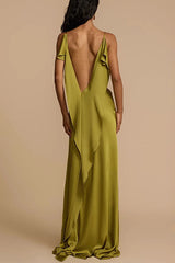 Heididress High Slit Back Drape Cascading Satin Maxi Cami Dress