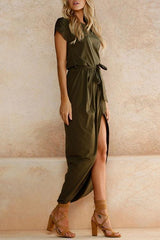 Heididress Short Sleeve Tie Waist Slit Midi Dress